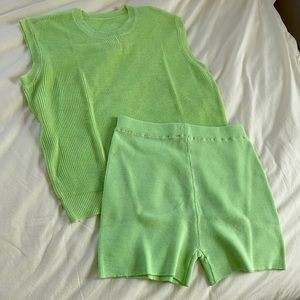 Lime green matching sweater SET. Cap short sleeve top with matching shorts